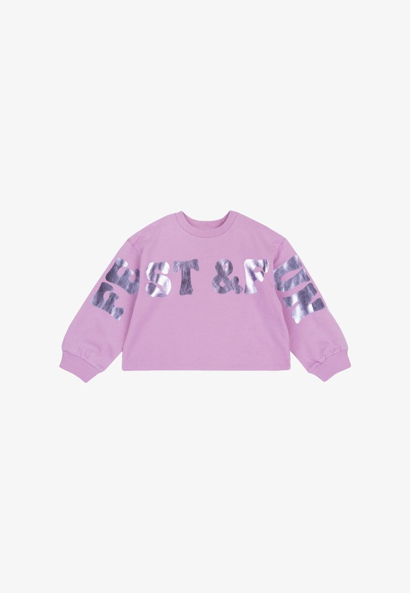 Felpa cropped rosa con maniche lunghe, caratterizzata da lettere argentate lucide "BEST & FUN" stampate su entrambe le maniche. Realizzata in morbido cotone.