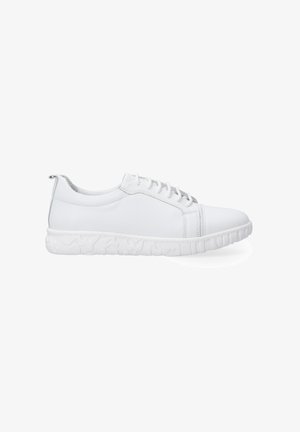 White lace-up sneaker with a smooth leather upper and textured white rubber sole featuring a pattern. Rounded toe and minimalistic design.