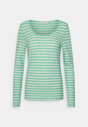 Langärmliges T-Shirt aus weichem Stoff mit türkisfarbenen und cremefarbenen horizontalen Streifen, rundem Ausschnitt und tailliertem Schnitt.