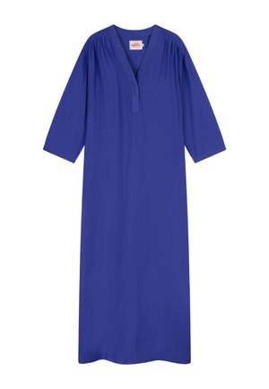 Lange blauwe jurk gemaakt van gladde stof. Heeft een V-hals en driekwartmouwen met geplooide details. Eenvoudig, vloeiend ontwerp.