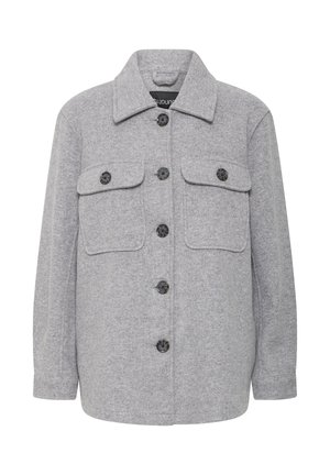 Grijze wolmix jas met een kraag, zwarte knopen en twee borstzakken. Heeft een ontspannen pasvorm en rechte zoom.