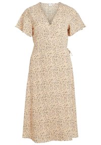 Valkoinen kukkakuvioinen kietaisumekko, jossa on vaalean persikanvärinen sävy, lyhyet liehuvat hihat, vyötäröllä solmittava nauha sekä hajallaan tummansinisiä ja vihreitä kukkakuoseja.