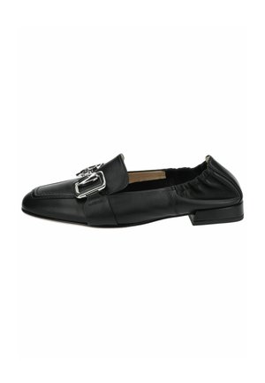 Black leather loafer with a square toe, featuring a silver buckle detail and pleated accents on the sides. Low, flat heel.