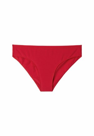 Roter Bikiniunterteil aus glattem Stoff, mit einfachem Design, moderater Abdeckung und sauberen Kanten. Keine Muster oder Verzierungen.