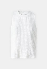 Top bianco senza maniche con motivo a occhio di pernice verticale e scollatura rotonda, esposto su uno sfondo grigio chiaro uniforme.