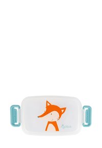 Plastic food container with a transparent lid, light blue handles, and an orange fox illustration on the top surface.