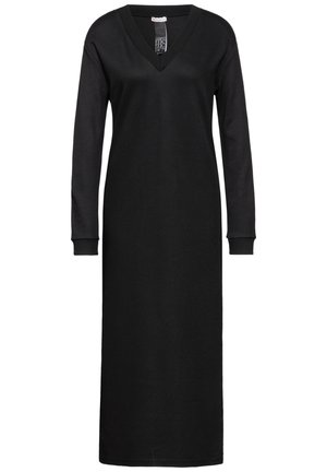 Černé dlouhé šaty s dlouhým rukávem vyrobené z jemné látky, mají hluboký výstřih do V a žebrované manžety, sahající až po kotníky s rovnou siluetou.