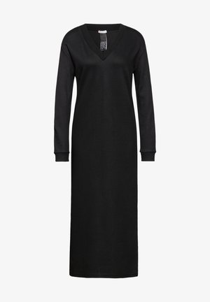 Abito nero a maniche lunghe realizzato in un tessuto morbido, con profondo scollo a V e polsini a costine, che arriva fino alla caviglia con una silhouette dritta.