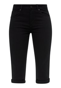 Pantalons en denim noir avec poignets retroussés, présentant un design classique à cinq poches, une fermeture à bouton et des détails de couture subtils.