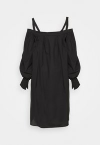 Černé šaty bez ramínek s nadýchanými dlouhými rukávy, vyrobené z hladké látky, s nařasenými detaily a knoflíkovými manžetami.