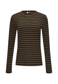 Olijfgroene en zwarte gestreepte blouse met lange mouwen, voorzien van een ribbeltextuur en ronde halslijn. Klassieke pasvorm met rechte zoom.