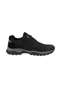 Schwarze Lederschuhe mit glatter Oberfläche, grauer Gummisohle und kontrastierenden Nähten. Verfügt über ein Schnürdesign und einen gepolsterten Kragen.