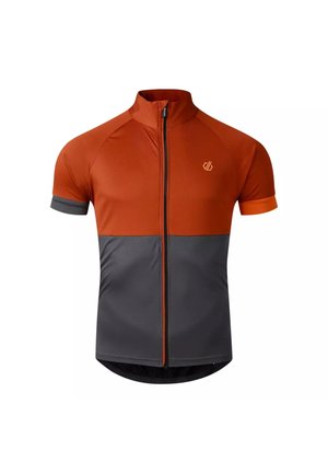 Camiseta de ciclismo con mangas cortas, mitad superior naranja, mitad inferior gris, cremallera frontal y pequeño logo en el pecho izquierdo.