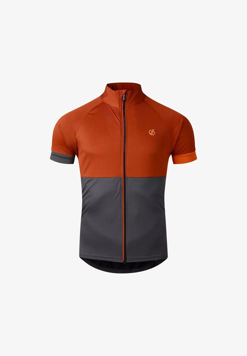 Maillot de cyclisme à manches courtes, moitié supérieure orange, moitié inférieure grise, fermeture éclair devant et petit logo sur la poitrine gauche.