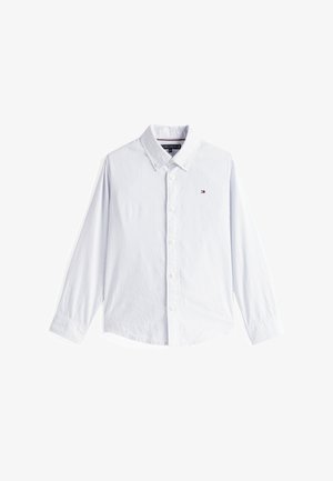 Lyseblå stripete skjorte med lange ermer, hvite knapper og en liten logo på venstre bryst. Laget av bomull, med klassisk krage.