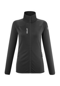 Veste zippée noire avec col montant, en tissu texturé, et poches latérales. Présente le logo "Millet" sur la poitrine et l'épaule.