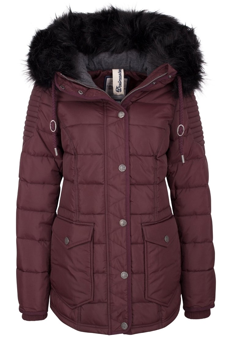 Veste matelassée bourgogne avec une capuche en fausse fourrure, fermeture à boutons et à zip, deux poches avant, poignets côtelés et texture matelassée.