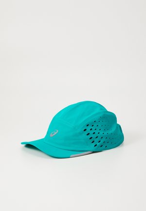 Turquoise running cap with a curved brim, featuring perforated side panels for ventilation and a reflective logo on the front.