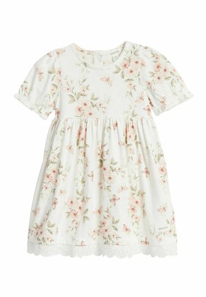 Weißes Baby-Kurzarmkleid mit pinkem Blumen- und Schmetterlingsprint, geraffter Taille und gewelltem Spitzenabschluss.