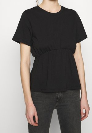 Black short-sleeve top made of cotton, featuring a gathered waistline and a relaxed fit. Simple design with a crew neckline.