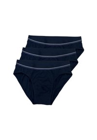 Slip in cotone misto blu navy scuro con una texture liscia, dotati di un elastico in vita a strisce grigie a contrasto. Set di tre.