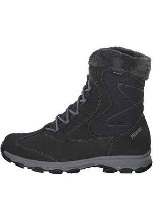 Schwarzer Wanderschuh mit grauen Akzenten, Obermaterial aus Wildleder und Mesh, Kragen aus Kunstfell, Schnürdesign und rutschfester Sohle für besseren Halt.