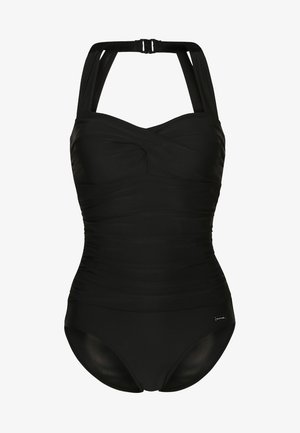 Črn enodelni kopalni kostim iz gladkega materiala, ki ima halter ovratnik, nabrano teksturo in nastavljivo kovinsko opremo za udobno prileganje.