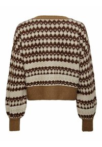 Pull en tricot marron et crème à motif, avec un design court, présentant des motifs en losange et en rayures, des poignets côtelés et un ourlet côtelé.