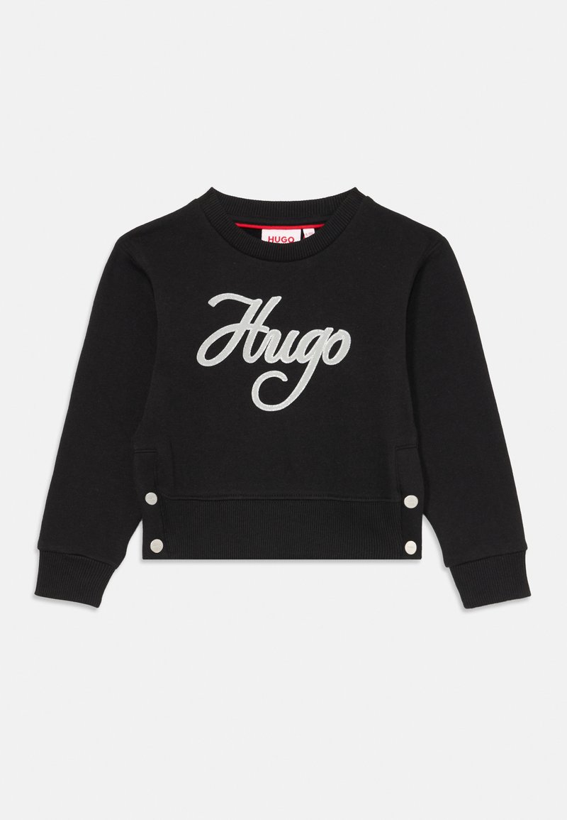 Felpa in cotone nera con logo "Hugo" ricamato in grigio, collo a costine e dettagli con bottoni a pressione all'orlo laterale.