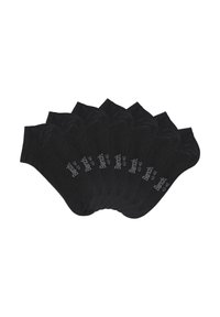 Schwarze Knöchelsocken, sechs Paar, aus Baumwollmischmaterial, gerippte Textur, verstärkte Ferse und Spitze, mit Branding "Bench" und Größenkennzeichnung 43-46.