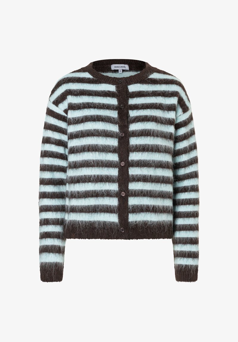 Gestrickter Cardigan aus weichem, flauschigem Stoff. Abwechselnd hellblaue und braune Streifen. Rundhalsausschnitt und Knopfverschluss vorne.