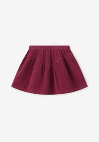 Jupe en velours côtelé rouge foncé avec détails froncés et taille élastique, silhouette évasée, posée à plat sur un fond blanc.
