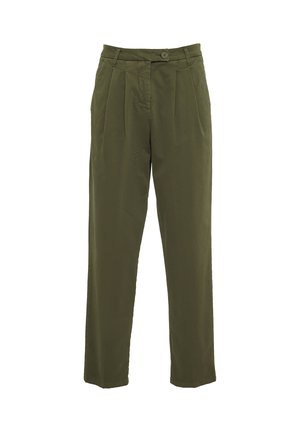 Pantaloni verde oliva con taglio dritto, fronte plissettato, passanti per cintura e chiusura a un bottone. Tessuto liscio e leggero.