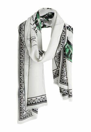 Weißer Schal mit schwarzem Zierstreifen und grünem Blattmuster, locker drapiert mit Fransen am Rand.