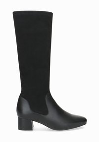 Schwarze kniehohe Stiefel aus einer Kombination von glattem Leder und weichem Wildleder, mit einer spitzen, schmal zulaufenden Zehenpartie und einem klobigen Blockabsatz.