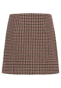 Jupe mini à carreaux dans des tons bordeaux, crème et noir. Tissu doux avec une silhouette structurée et une taille simple, sans fermetures visibles.