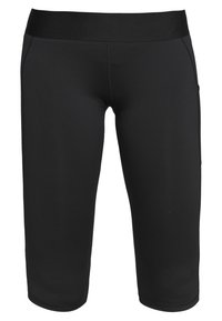 Czarne sportowe legginsy 3/4 z szerokim elastycznym pasem, wykonane z gładkiego, rozciągliwego materiału, z bocznymi kieszeniami i płaskimi szwami.