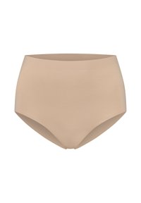 Mutande beige a vita alta realizzate in tessuto morbido, con un design senza cuciture e una copertura totale per comfort e vestibilità.