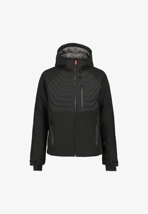 Chaqueta negra con capucha, con pecho acolchado, tres bolsillos con cremallera y puños ajustables, diseñada para el clima frío.