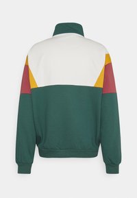 Giacca a blocchi di colore con collo alto. I colori principali sono verde scuro, bianco, bordeaux e giallo. Tessuto morbido con polsini elasticizzati.