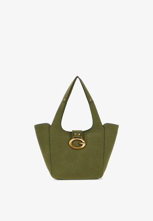 Sac fourre-tout en tissu vert de forme spacieuse, doté d'une boucle et d'accents ton or. Les poignées sont solides et larges pour plus de confort.