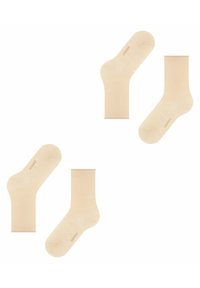Beige katoenen sokken met een gladde structuur, geribde boord en bedrukt logo aan de zijkant. Verkrijgbaar in verschillende hoogtes: enkel- en crewlengte.