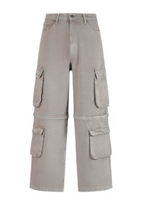 Cargo pants in light grey cotton with wide legs, featuring multiple large pockets and a relaxed fit. Distressed texture, button closure.