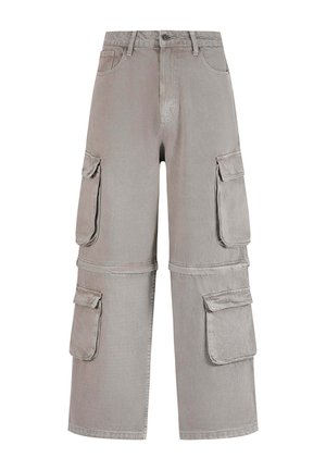 Cargo pants in light grey cotton with wide legs, featuring multiple large pockets and a relaxed fit. Distressed texture, button closure.