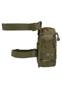 Taktična torbica z vzorcem kamuflaže, z nastavljivimi trakovi, zadrgo in MOLLE trakom za pritrditev dodatkov. Narejena je iz trpežnega blaga.