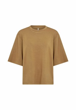 Tan oversized kortærmet rundhalset t-shirt, afslappet pasform, glat stof, vist på hvid baggrund.