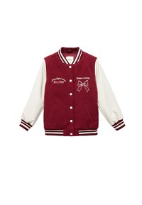 Bordeaux varsity jakke med hvide ærmer, stribede manchetter, knaplukning foran og hvid broderi med teksten "Ballerina Academy" og "Est. 1982".