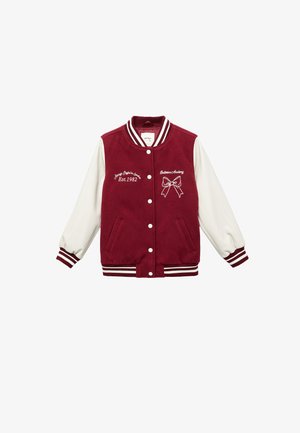 Bordeaux varsityjack met witte mouwen, gestreepte manchetten, knoopsluiting aan de voorkant en witte borduursels met de tekst "Ballerina Academy" en "Est. 1982".