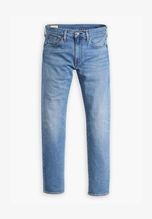 Light blue denim jeans with a straight cut, five-pocket design, metal button closure, and subtle fading on the front for texture.