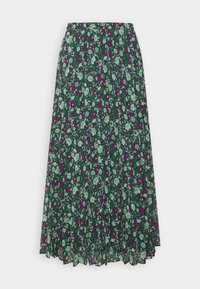 Blumen Midi-Rock mit grünem Grundton, verziert mit lila und weißen Motiven. Hergestellt aus leichtem Stoff, hat er ein plissiertes Design und einen elastischen Bund.
